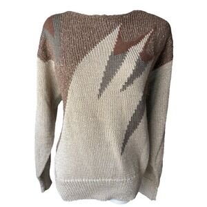 Vintage Angenie Sweater M Angora Blend Abstract Colorblock Tan Brown Soft Knit